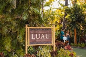 Luau sign in front of palm trees